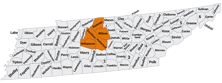 Map of counties served in Tennessee